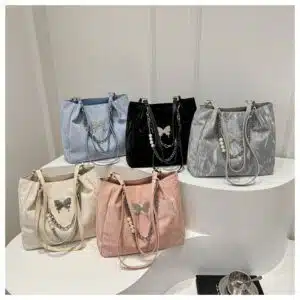 Glamorous Butterfly Texture Tote with Chain & Pearl Accents FN317