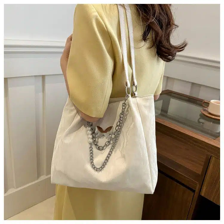 Glamorous Butterfly Texture Tote with Chain & Pearl Accents FN317 - Image 4