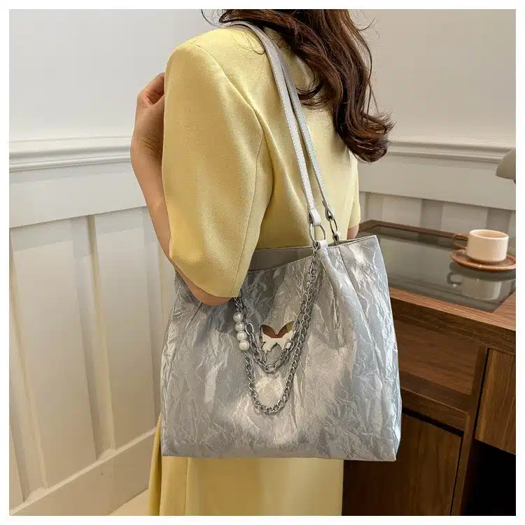 Glamorous Butterfly Texture Tote with Chain & Pearl Accents FN317 - Image 2