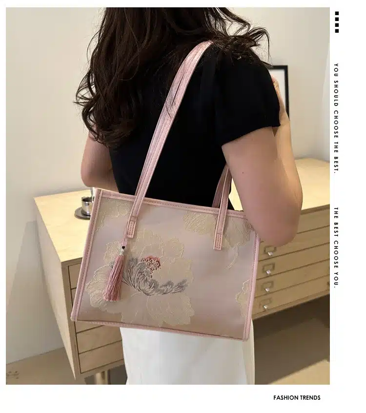 Large Floral Jacquard Tote with Tassel & Pearl Accents FN330 - Image 2