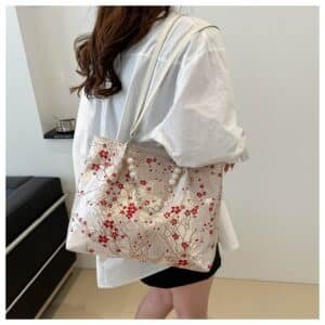 Alternative view of Elegant Floral Jacquard Tote with Pearl Pendant FN319