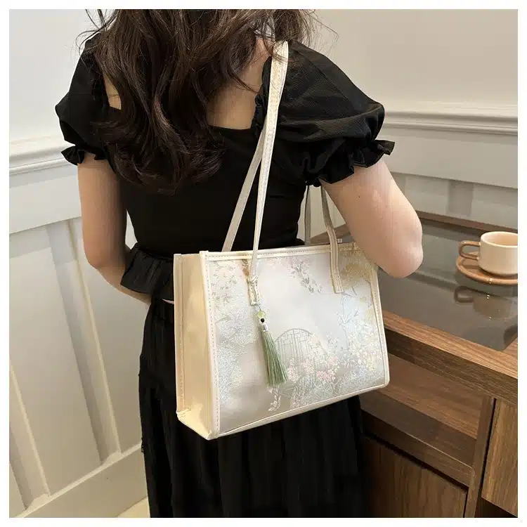 Large Floral Jacquard Tote with Tassel & Pearl Accents FN330 - Image 4