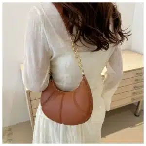 Alternative view of Chic Ruched Crescent Bag with Gold Chain Link FN310