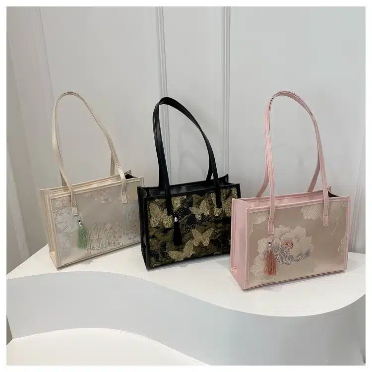 Large Floral Jacquard Tote with Tassel & Pearl Accents FN330