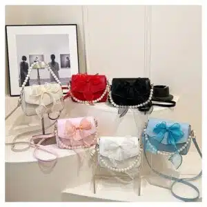 Sweet Bow-Accent Flap Bag with Pearl Chain FN337