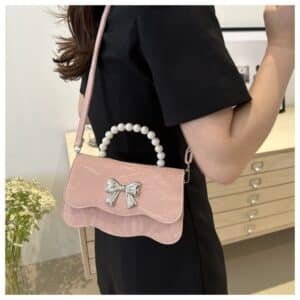 Alternative view of Marble Pattern Bow-Accent Pearl Handle Bag FN341