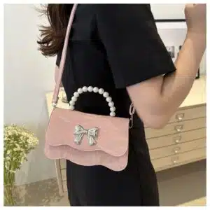 Alternative view of Marble Pattern Bow-Accent Pearl Handle Bag FN341