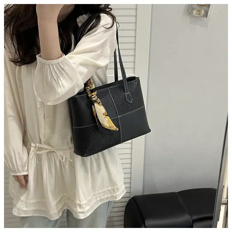 Scarf-Accent Minimalist Tote Bag FN424 - Image 2