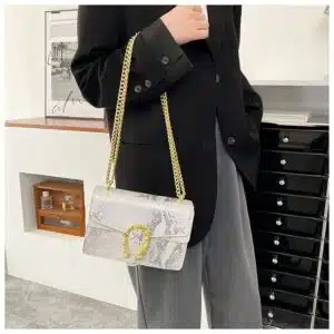 Alternative view of Textured Snakeskin-Pattern Flap Bag with Horseshoe Buckle FN444